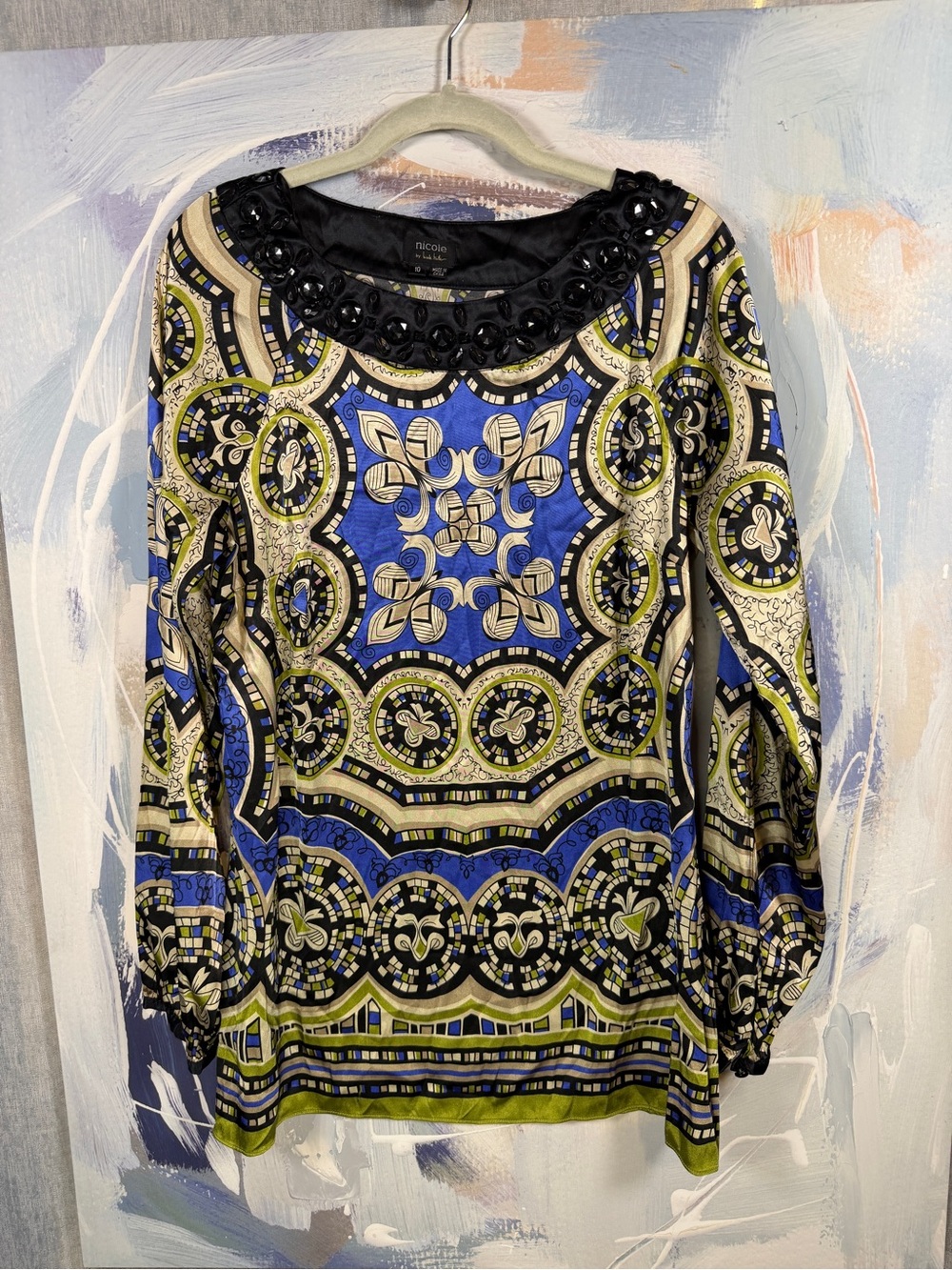 Nicole by Nicole Miller 10 Geometric Embellished Neck Blouse Long Sleeve
